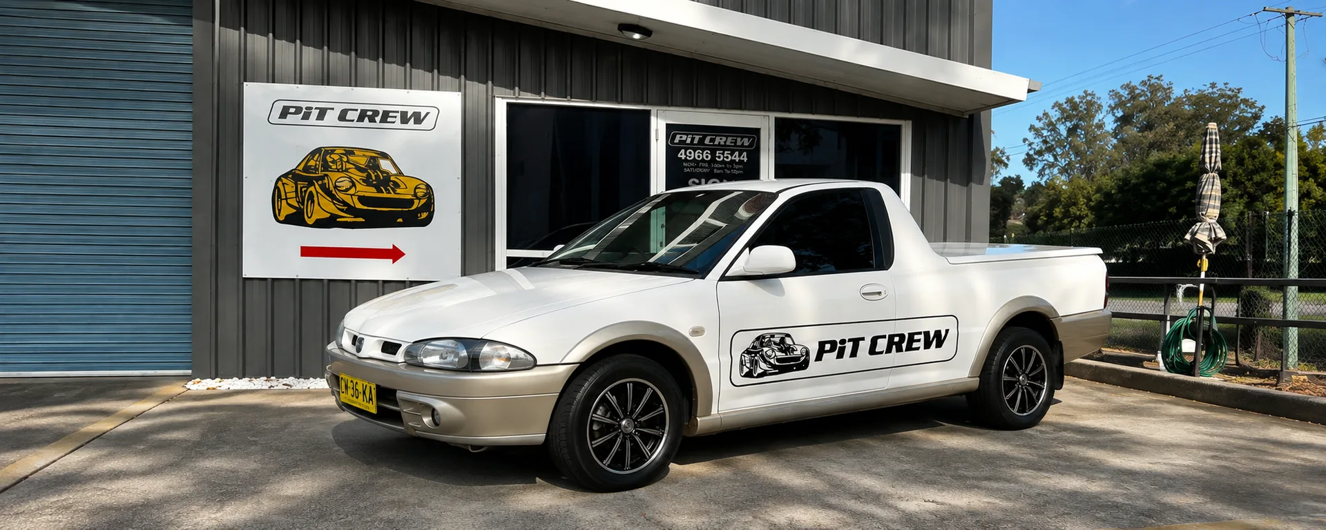 Pit Crew branded ute parked outside the Thornton shopfront