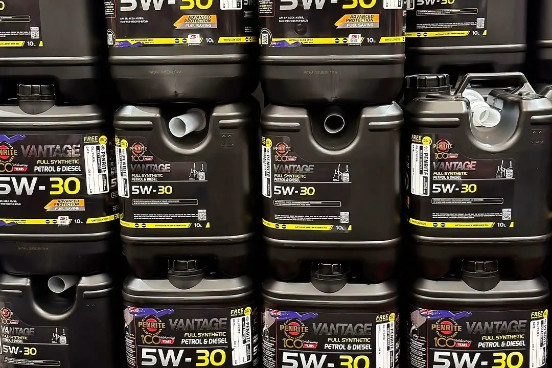 Penrite Vantage 5W-30 engine oil drums stacked in store